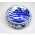 Delft Blue Hand Painted Miniature Porcelain Trinket Box with lid. Spotless.  90mm dia.
