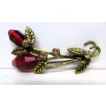 Vintage Gold colored Brooch with red glass and Rhinestones buds. 60mm.