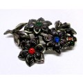 Vintage Tin like Flower Brooch with Color glas  centers. Lovelu item. 50mm.
