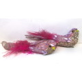 Two Vintage Sparkling Pink Clip-On Year Round Bird Ornament With Feathery Tail. 150mm
