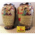 Set of Two Vintage Japanese Art Pottery HandPainted Relief Decoration Village Scene. 200mm high.