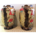 Set of Two Vintage Japanese Art Pottery HandPainted Relief Decoration Village Scene. 200mm high.