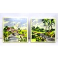 Two Vintage Hand Painted Tiles, English Countryside, Cottage Scene. 75 x 75mm. Glazed.