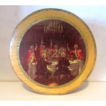 RARE Antique 19TH Mauchlin ware box with Victorian Men scene, gilt painted edge. Scotland.