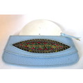 Vintage Light Blue leather embroided Case Slide out Mirror. Lovely item. 140 x 60mm.