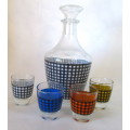 Retro Decanter set, 1950s carafe and 4 liquor glasses, shot glasses, checkered pattern, mid century