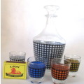 Retro Decanter set, 1950s carafe and 4 liquor glasses, shot glasses, checkered pattern, mid century