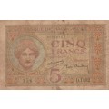 Banknote Madagascar 5 Francs 1930.  As per Photo.