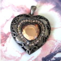 Stylish Heavy Heart Pendant with Amber glassstone centre and smaller stones. Costume Jewelry. 5cm