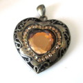 Stylish Heavy Heart Pendant with Amber glassstone centre and smaller stones. Costume Jewelry. 5cm