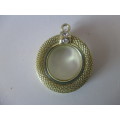 Vintage Round Pendant. Gold Tone Mesh with clear stones on clip. Costume Jewelry. 35mm