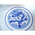 Vintage Chinese Jingdezhen Rice Grain Eyes Blue and White Porcelain Spoon and Bowl.