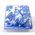 Antique Chinese Porcelain Ring Box, Blue Underglaze Porcelain. 1920`s. 60x60mm.