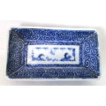 Chinese porcelain oblong dish notched corners, blue and white. Six character Chenghua mark. 105x60mm