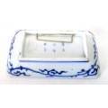 Chinese porcelain oblong dish notched corners, blue and white. Six character Chenghua mark. 105x60mm