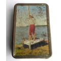 Vintage Cookie Tin, Boy fishing at a lake. 210x140x50mm Humphries Ndabeni Kp.