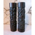 Pair of Stunning Dark Wood Handcarved Africa themed Salt and Pepper Holders. 200mm high.