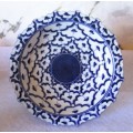 Blue/White Thai Ceramic, pedestal plate. 165 mm dia. 70mm high. Note chip under rim. As per photo.