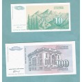 Yugoslavia LOT 10 + 100 dinar 1994, UNC. As per scan.