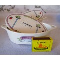 Two small Ceramic Casserol Dishes with Recipe in Hebrew printed on. 150mm x 55mm. Spotless.