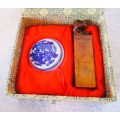 Carved Seal Stamp. Asian `Chop` with Porcelain Dish for Ink, in Fabric Embroidered Case. Lovely item