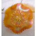 Large Vintage Marigold Carnival Glass Daisy & Leaf Ruffled Bowl. Deep Orange. 260mm diameter