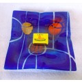 Lovely Fused Art Glass Cobalt Blue, Re and Gold And Ashtray of Trinket Dish. Square 215mm