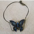 Lovely Midnight Blue with Rhinestones Good Luck Pewter Butterfly necklace. 40cm.