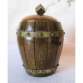 Unique Vintage Wooden Barrel Humidor, Tobacco Jar with copper finish. 125mm high. As per photo.