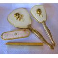 4 Piece Vintage Vanity Set Mirror Brush Comb Art Nouveau Ornate Gold Plated Flowers, in box.