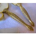 4 Piece Vintage Vanity Set Mirror Brush Comb Art Nouveau Ornate Gold Plated Flowers, in box.