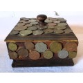 Square wooden box, decorated with coin craft. 12,5x12,5x7 cm