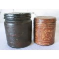 Prisoner of war trench art leather covered cigarette tins. 100mm and 85mm high. Very collectable