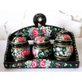 Vintage Hungarian hand painted wooden spice rack with three pots. Pot size 90mm high. Rack 150mm hig