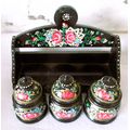 Vintage Hungarian hand painted wooden spice rack with three pots. Pot size 90mm high. Rack 150mm hig