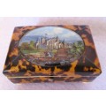 Antique 18th Century Turtle Shell Jewelry Box w Painted European Scene. Top loose. 95x62x35mm.