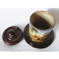 Antique Porcelain attached jar & saucer with wooden lid. Marked. 120mm high.