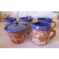 Handmade Teracotta and glazed ceramic coffee set. 3 mugs. Ocean theme. As per photo.
