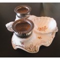 Victorian Porcelain Double Hallmarked Silver Inkwell, handpainted flowers. Exceptional item.