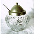 Vintage cut glass and silver plate topped preserve pot with spoon. 120mm high.