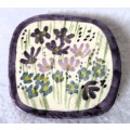 Hand painted Ceramic Brooch with pink and purple flowers.  45x45mm.