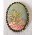 Vintage handpainted silk brooch and pendant. Pastel colors set in hard metal rope frame. 45x35mm
