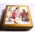 Set of 4 Vintage Japanese Geisha Coasters with Cork Back in Matching Wooden Box