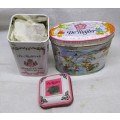 Two Vintage De Ruyter Rose and White mouse tins. Baby girl gifts. One with original tea bags.