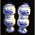 Vintage Watkins Blue Onion salt and pepper shakers Japan. Porcelain peel, as per photo. 120mm high
