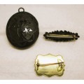 Lot of 3 Very Fine Victorian Jet-Onyx Mourning Memento Pendant and brooches,silver and gold finishes