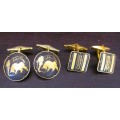 2 Pairs Vintage Spain Damascene Cufflinks Gold Tone w/Black Background Toledo Matador & Bull.