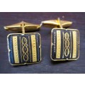 2 Pairs Vintage Spain Damascene Cufflinks Gold Tone w/Black Background Toledo Matador & Bull.