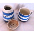 Vintage Cornish ware Blue & White Sugar Shaker (T.G. GREEN) with cup. Very collectable.