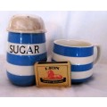 Vintage Cornish ware Blue & White Sugar Shaker (T.G. GREEN) with cup. Very collectable.
